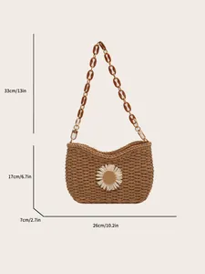 Bolso de hombro de paja tejido a mano con diseño de margarita y cadena de ámbar de playa