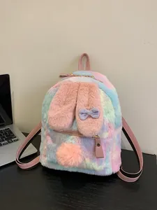 Cute bunny plush backpack with macaron gradient colors and pink rabbit ears for girls