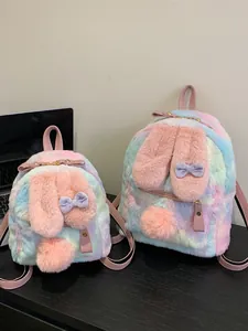 Cute rainbow faux fur rabbit ears backpack with plush pompom and pink straps for women