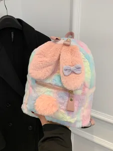 Cute macaron-colored plush rabbit backpack with long pink ears and bow decoration