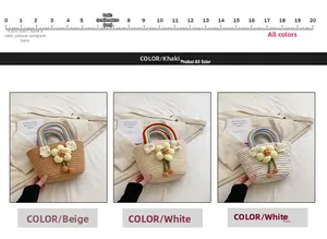 Détail du sac à main en paille tressée avec anse arc-en-ciel et breloques florales