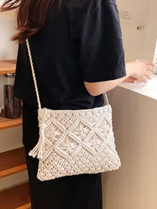 Bohemian macrame woven shoulder bag with tassels for beach vacation and summer outings