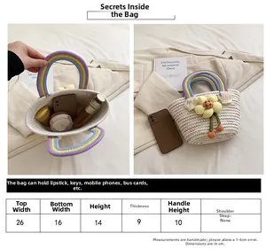 Tableau des tailles détaillé pour sac à main en paille tressée avec poignées arc-en-ciel