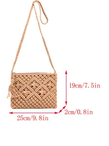 Bohemian woven shoulder bag with tassels and size measurements for beach vacation