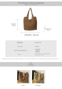 Detailed size chart for straw woven bag showing 36x30x8cm dimensions and weights