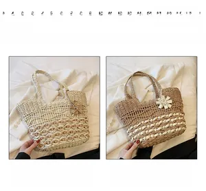 Detail of beige and khaki straw woven handbags with purple floral charms for beach summer