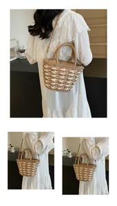 Detail of hand-woven straw bag texture with natural vine and white fabric weaving