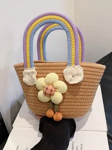 Sac à Main Tissé Pastoral Pour Femmes Avec Poignée Arc-en-Ciel Et Décoration De Tournesol Pour Vacances À La Plage