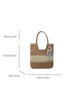 Bohemian woven straw tote bag with dimensions for summer beach vacations and travel