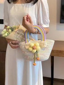 Sac à main en paille tressée avec anse arc-en-ciel décoré de tournesol pour les vacances