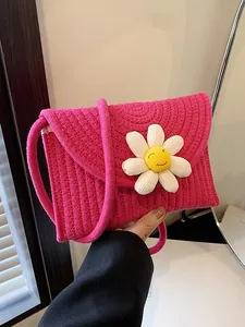 Sac Bandoulière Femme Fait Main en Corde de Coton Tissée Grande Marguerite Décoration Été Style Paille Sac de Téléphone