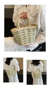 Detail of handwoven straw tote featuring green stripes and round handles for summer