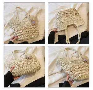 Detailed four-view display of a woven straw tote bag with floral charm and striped pattern