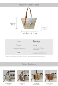Detailed view of woven straw tote bag featuring leather straps and stripe scarf decor