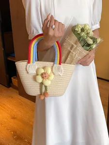 Sac à main en paille avec poignées arc-en-ciel et tournesol en peluche pour l'été