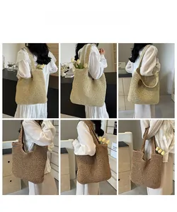 Detailed views of large capacity woven straw tote bags in khaki and coffee colors