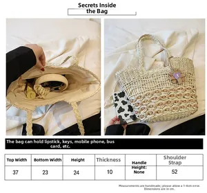 Detailed size guide and specifications for large woven straw tote bag with dimensions