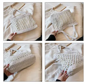 Vue détaillée du grand sac de plage au crochet avec maille ajourée et doublure en tissu