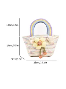Sac à main en paille arc-en-ciel avec tournesol et dimensions sur fond blanc