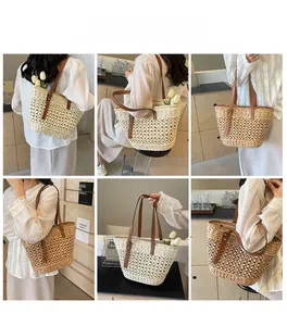 Collage of a woven straw tote bag with brown leather straps and tulip flower decoration