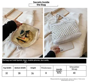 Spécifications de taille pour un sac de plage au crochet blanc avec doublure et fermeture