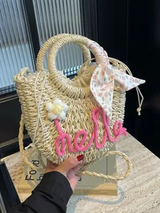 Women Handwoven Straw Bag With Hello Letter Flower Silk Scarf Decor Summer Beach Vacation Crossbody Handbag