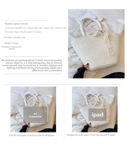 Size details of white woven tote bag with lace bow showing dimensions 41x20x25x9cm