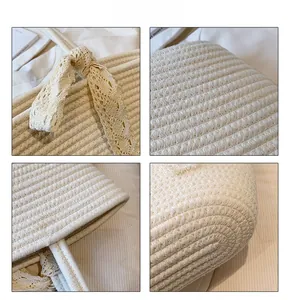 Close-up of hand-woven straw bag texture with elegant beige lace details and spiral pattern