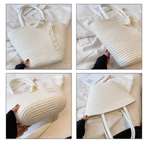 Detailed views of a beige woven tote bag with horizontal texture and lace bow accent