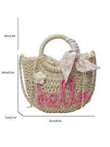 Handmade semi-circular straw bag with pink hello lettering and floral scarf decoration