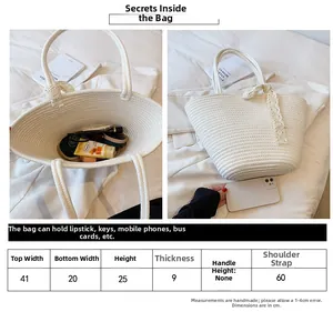 Detailed size chart for white woven tote bag with measurements and capacity guide