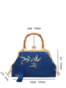 Chinese retro style navy satin handbag with gold bamboo embroidery and bamboo handle