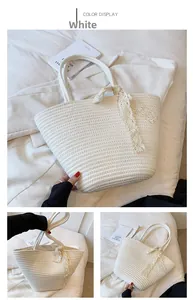 Detail of white woven tote bag featuring delicate lace ribbon tie on soft fabric background
