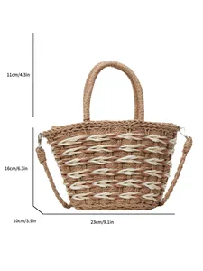 Two-tone woven straw tote bag with top handles and detachable shoulder strap