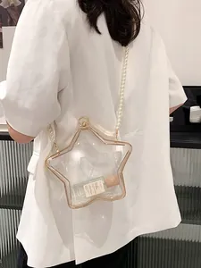 Sac Boîte Femme en Acrylique Transparent Étoile à Cinq Branches Avec Bandoulière Chaîne de Künstliche Perles Cadre en Métal Doré