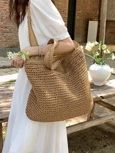 Women Large Capacity Straw Woven Tote Bag Summer Beach Vacation Shoulder Underarm Bag Forest Style Handmade Crochet Handbag
