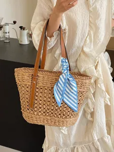 Women French Straw Woven Tote Bag Large Capacity Shoulder Bag With Leather Handle Silk Scarf For Summer Beach Vacation Casual Daily
