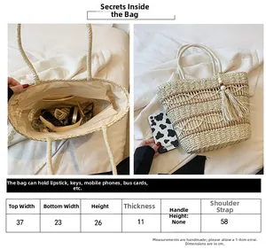 Größentabelle für große beige Strohtasche mit Details zu Kapazität und Riemenlänge