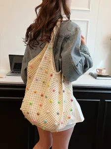 Women Crochet Tote Bag With Colorful Beads Large Capacity Hollow Knit Shoulder Bag For Summer Beach Vacation Bohemian Style