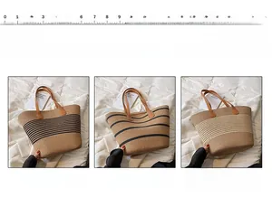 Detailed size view of straw beach tote bag with leather straps in three striped patterns