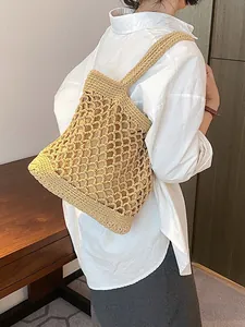 Grand Sac Fourre-Tout au Crochet pour Femmes Maille de Coton Ajourée Sac à Épaule de Plage Été Avec Fermeture Éclair et Pochette