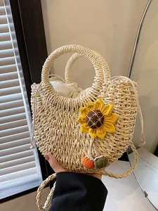 Borsa a Mano da Donna in Paglia Intrecciata Con Decorazione di Girasole Borsa a Tracolla da Spiaggia Rotonda Pastorale Tessuta a Mano