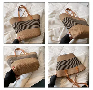 Detailed views of woven straw tote bag with black stripes and brown leather handles