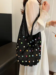 Handmade black crochet tote bag with colorful beads for beach vacation shoulder wear