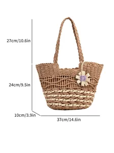 Pastoral straw woven tote bag for beach vacations with large capacity and floral charm