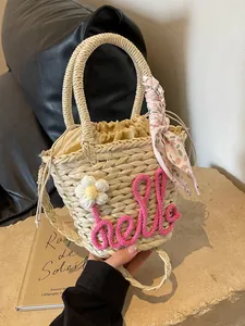 Women's Straw Woven Bucket Bag Handmade Paper Rope Handbag With Scarf Flower Hello For Summer Beach Vacation Crossbody Bag