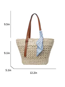 French style woven straw tote bag with dimensions 31x23x13cm and leather strap