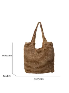 Handwoven straw beach tote bag with long handles and 36cm large capacity dimensions