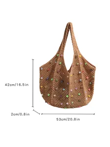 Bohemian oversized hand-woven beach tote bag with colorful beads for seaside vacation