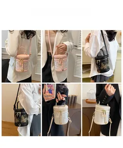 Lifestyle shots showing various ways to wear the embroidered bucket bag in three colors